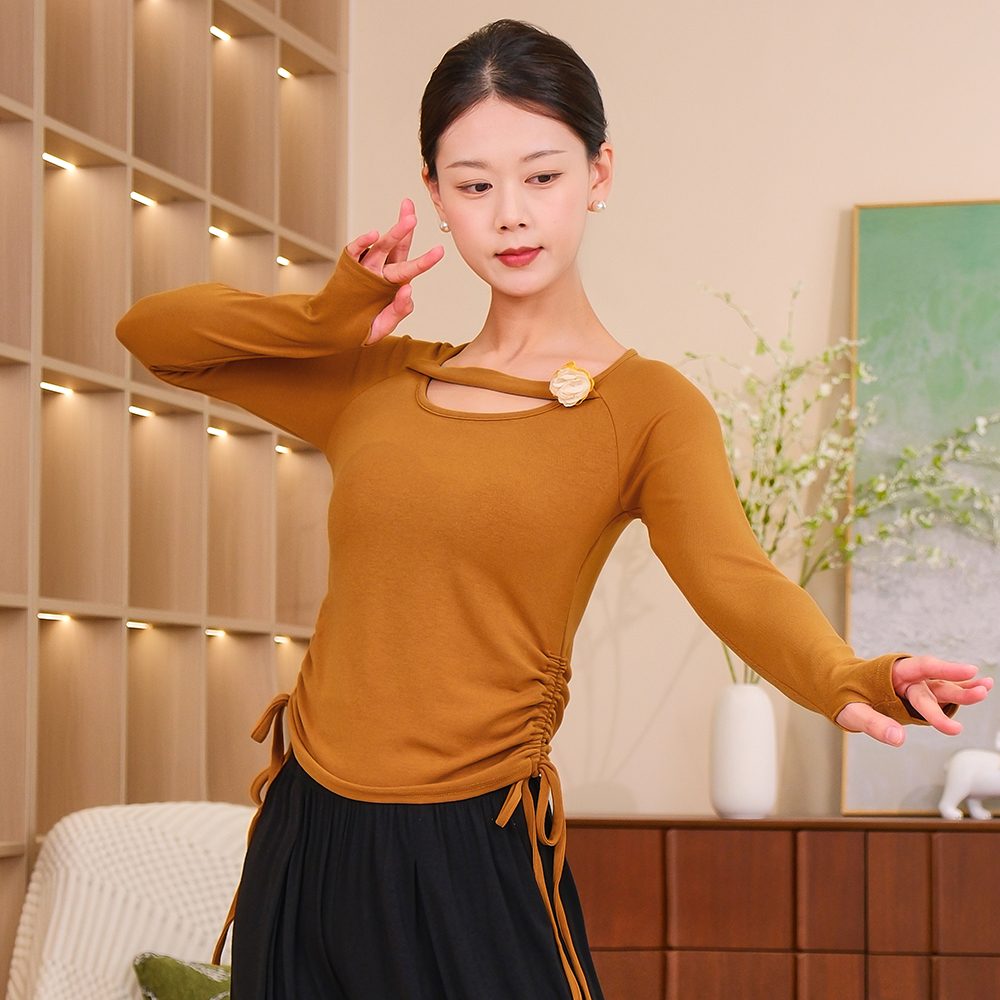 24735现代舞蹈练功服女新款长袖立体花朵打底衫抽绳收腰形体上衣