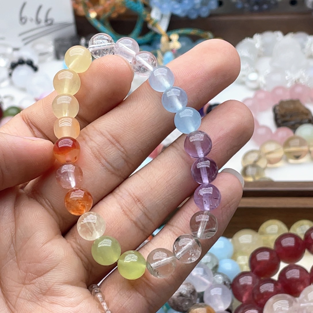 减***字未镶嵌烟晶手链三颗海蓝宝多宝