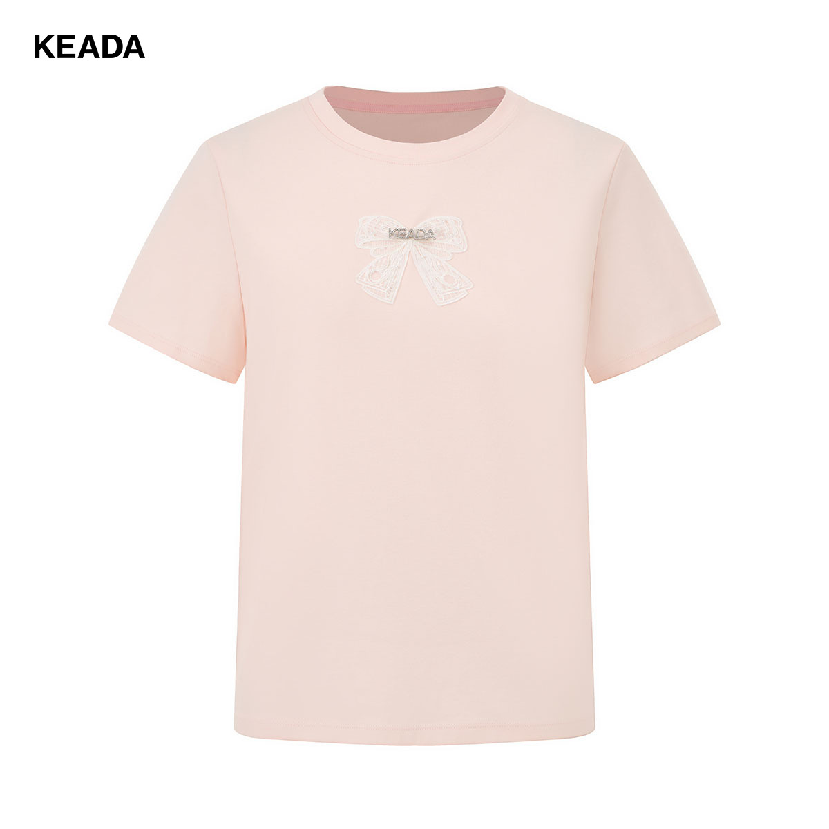 KEADA短袖蕾丝蝴蝶结水钻别针简约纯棉少女粉T恤KSN3021805