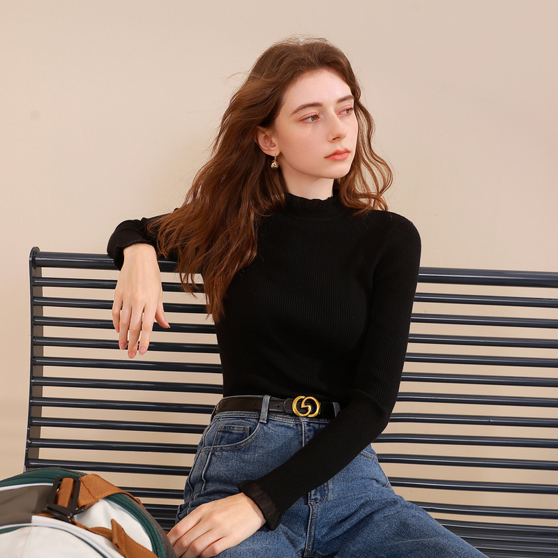 三彩2025冬季新款纯色针织衫玻璃纱拼接毛衫内搭打底衫修身M