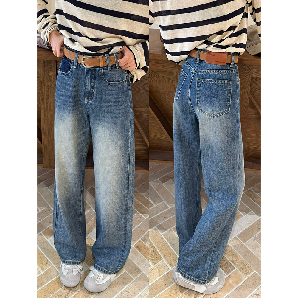 王家有鱼复古蓝中高腰阔腿牛仔裤女2025秋季新款直筒显瘦阔腿裤子