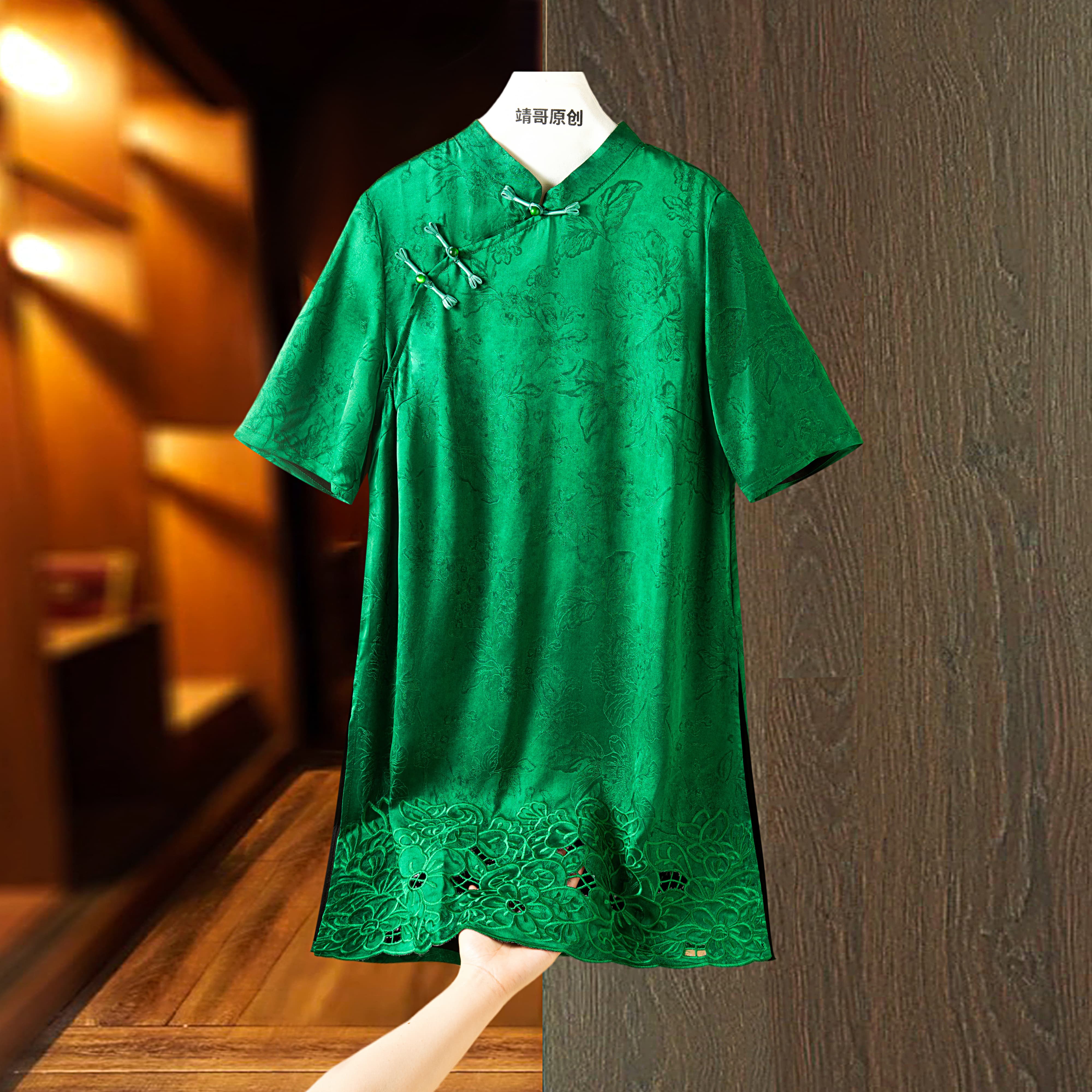 8303新中式显瘦夏季薄款绿色宽松文艺上衣中长款复古