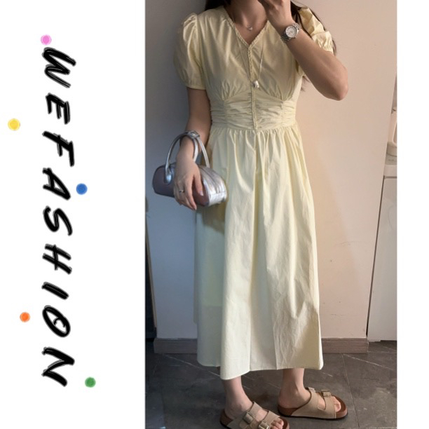 【WE】茶歇法式v领泡泡袖极简纯色连衣裙