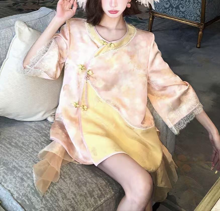 【醉春风】蜜桃粉新中式中国风刺绣时尚外套+半裙套装