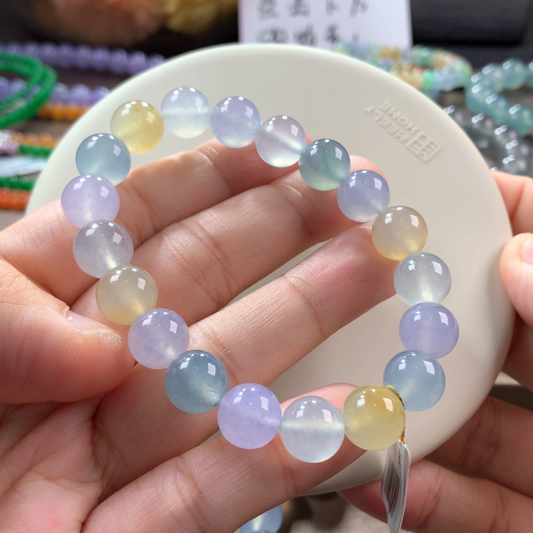 翡翠手链未镶嵌冰种起胶幻彩马卡龙多宝手串