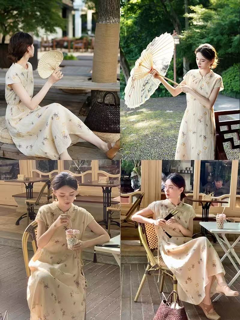 新中式国风轻奢高级感气质绝美杏色连衣裙名媛小众设计收腰碎花裙