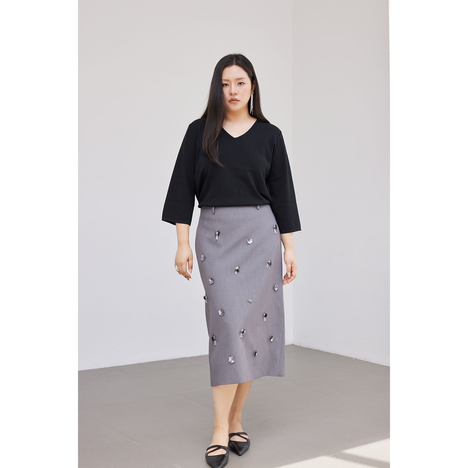 【折扣款】PLUSMALL 灰雾甜心 miu系手工钉珠长/短半身裙PM2507231