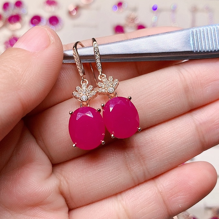 红宝石耳饰银S925镶嵌幸**生