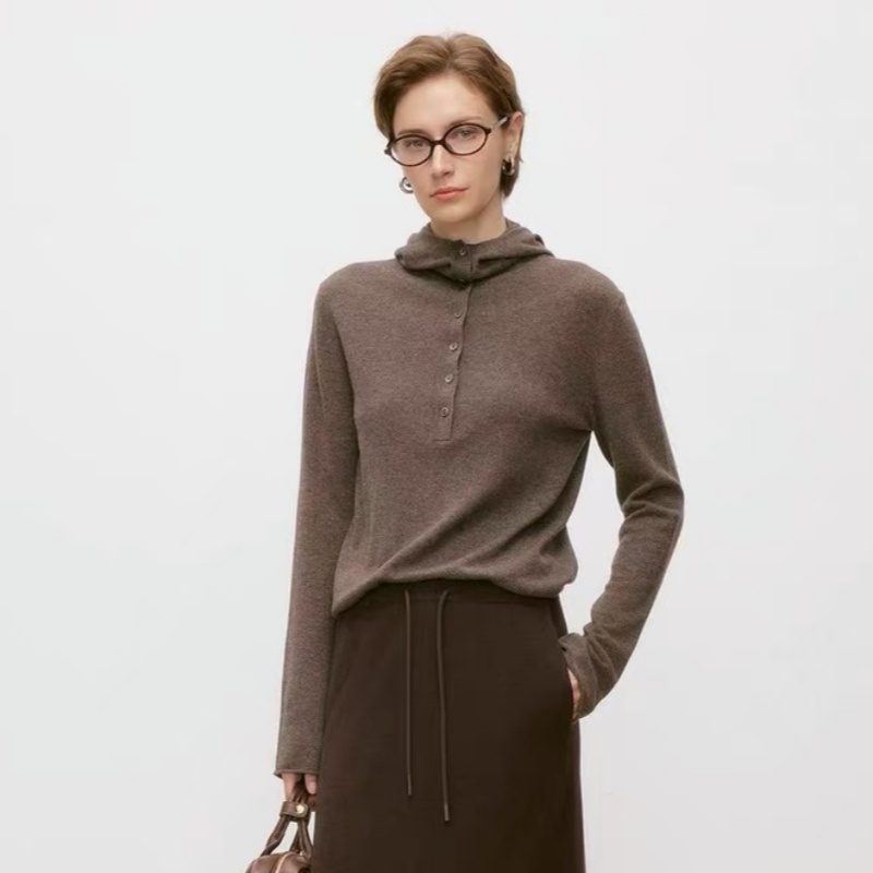 羊范2025早秋新款100%羊毛连帽针织衫半开扣宽松显瘦百搭羊毛衫女