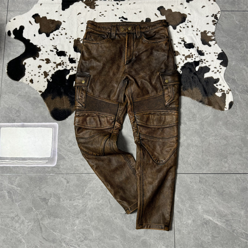 重工水洗石磨做旧哈雷机车骑行裤头层牛皮男阿美咔叽裤子可装护具