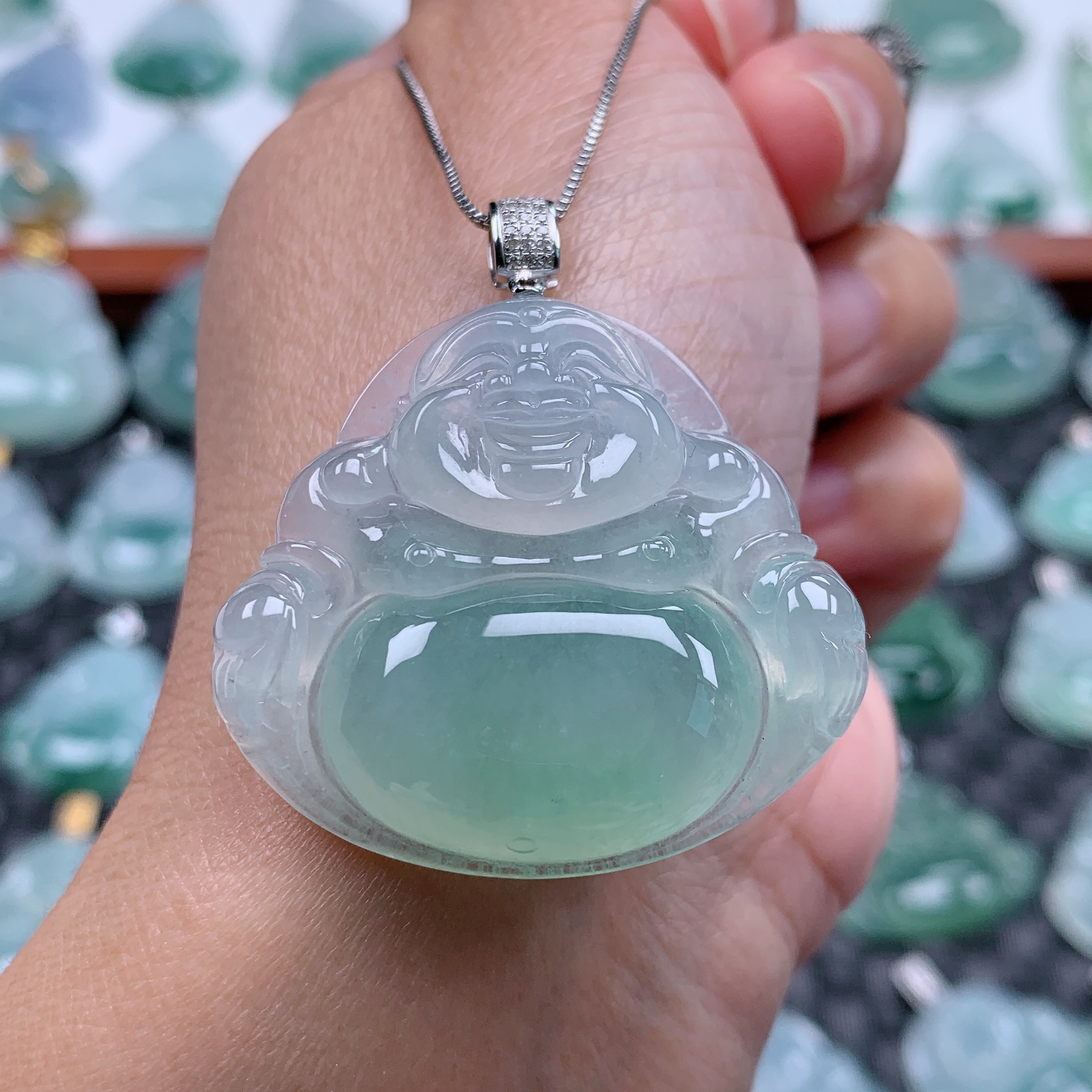 翡翠A货 18k金扣头冰种冰飘绿大佛公吊坠 尺寸34×37.2×8.0