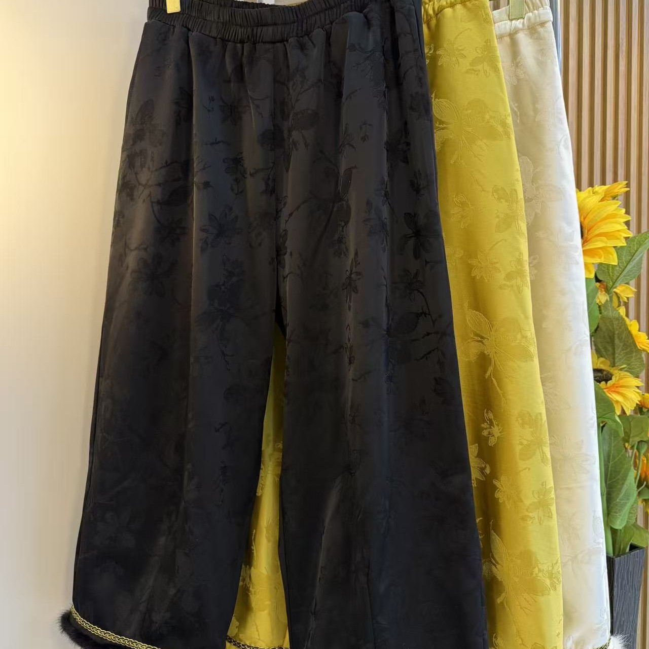 新中式国风大码提花加绒厚款拼接裤子秋冬新款洋气直筒裤长裤女裤