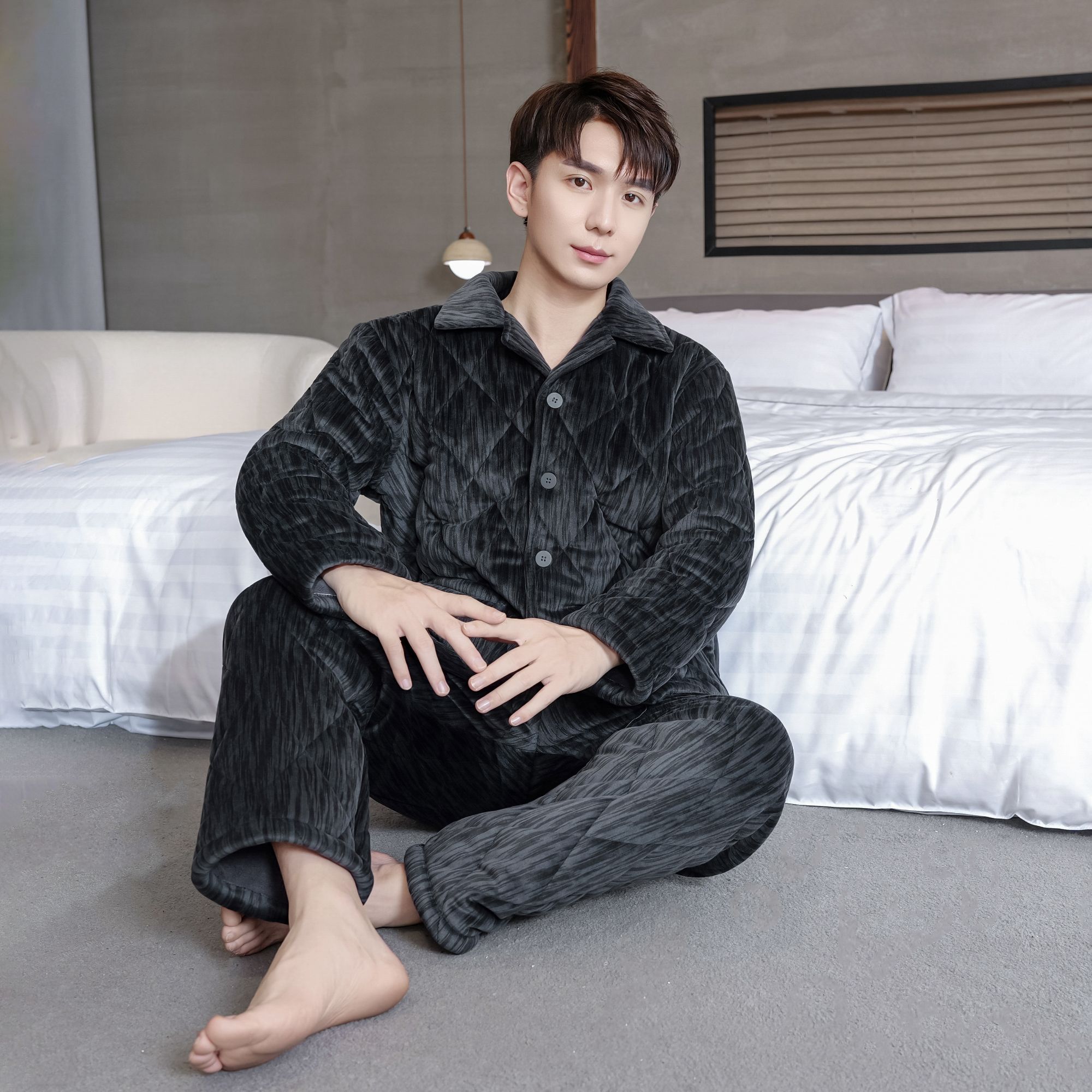 男款秋冬季加绒加厚冰岛绒三层夹棉冰岛绒保暖家居服套装