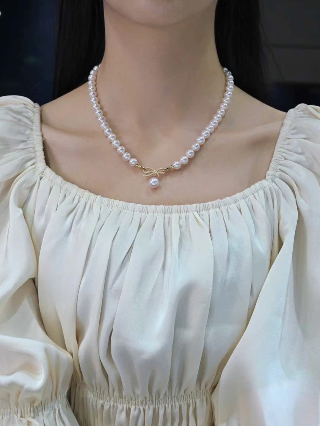 铜合金项链 2073蝴蝶结气质绝美珠珠项链