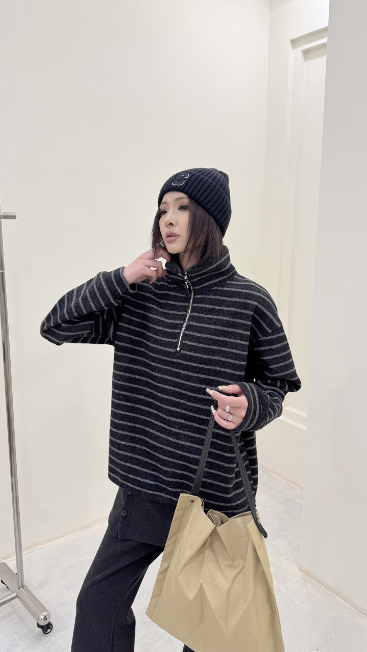0436【冬季新款】软糯慵懒风条纹半拉链立领卫衣（6737）
