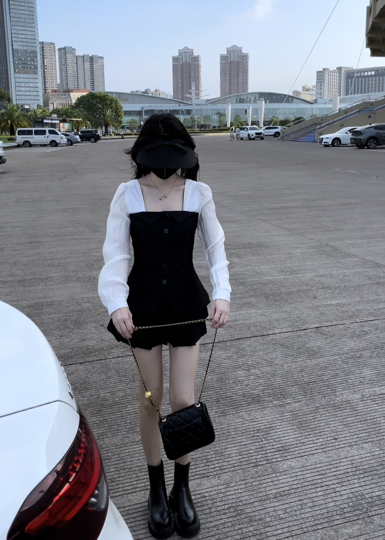 小个子气质法式拼接收腰套装时尚百褶长袖