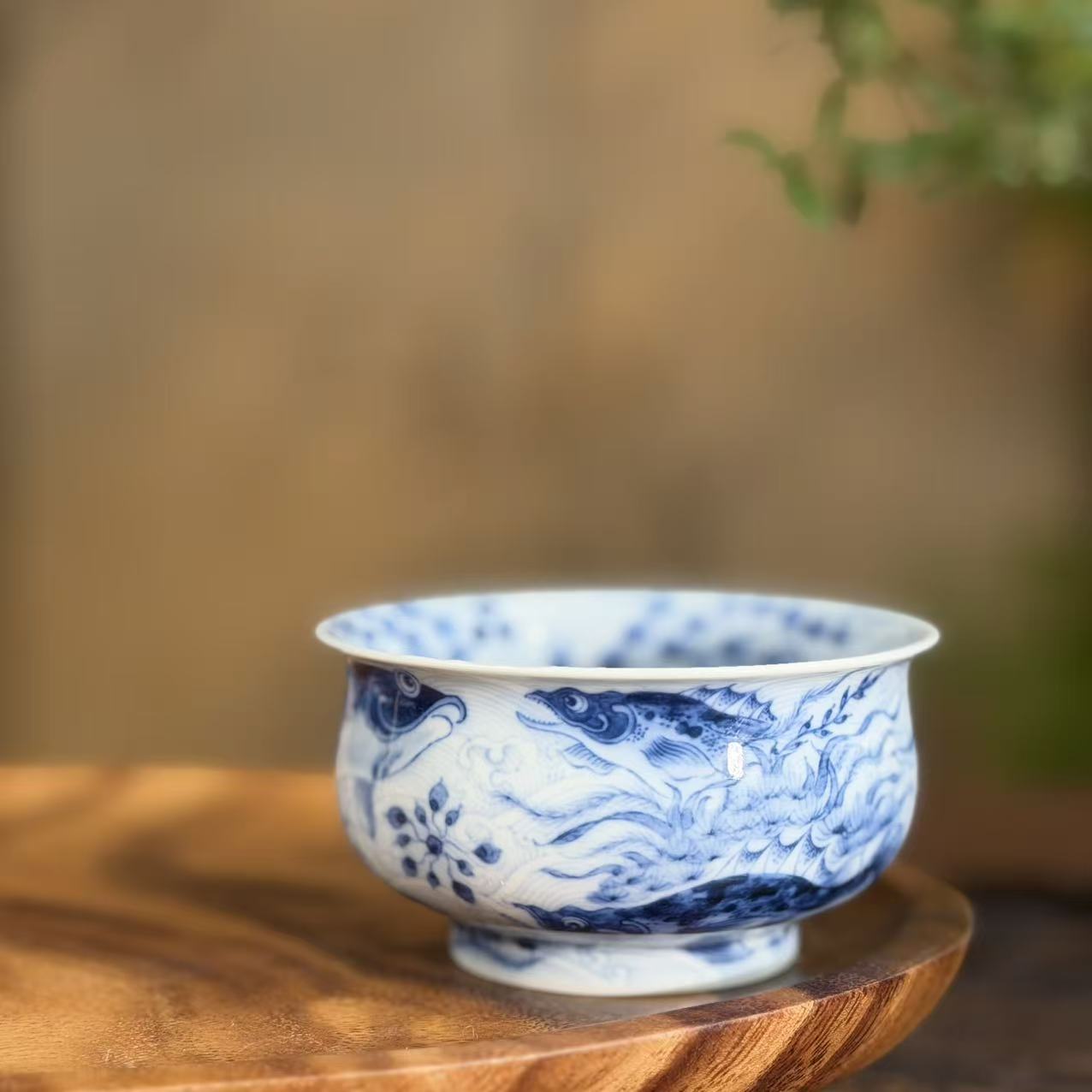 望月怀古淡海水满绘鱼藻炉士杯WYHG083纯手工手绘陶瓷