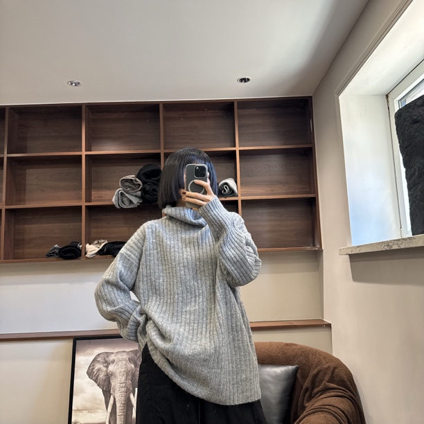高领套头毛衣女秋冬中长款慵懒风宽松外穿针织毛衣遮屁股设计感