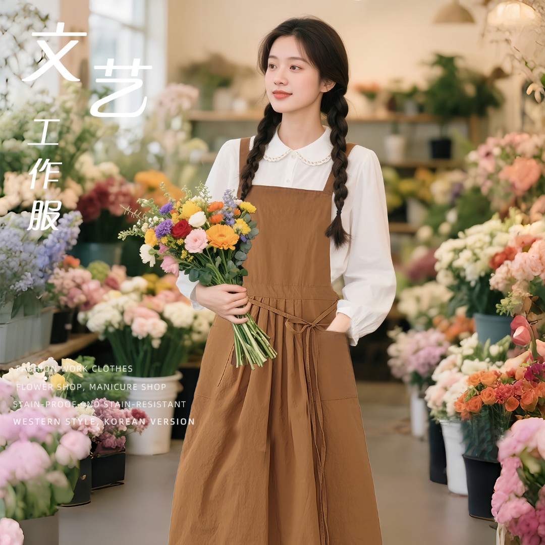 韩版围腰百褶裙防污干活花店专用文艺工作服透气定制美甲防尘家用