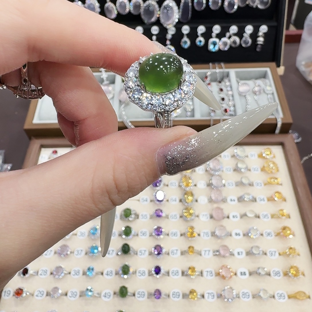 余***心蛇纹石玉银S925镶嵌戒指