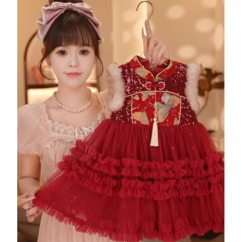 【Y.a56403】2025新款女宝加厚洋气网纱背心裙加绒套装拜年服