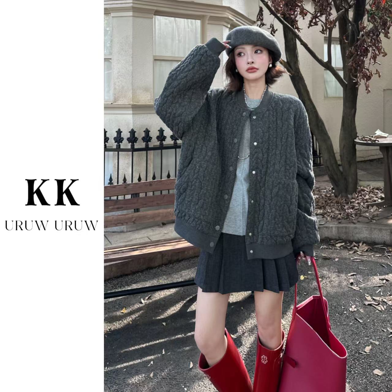 柯柯【漫步街头】宽松版绞花编结飞行员夹克外套KN173