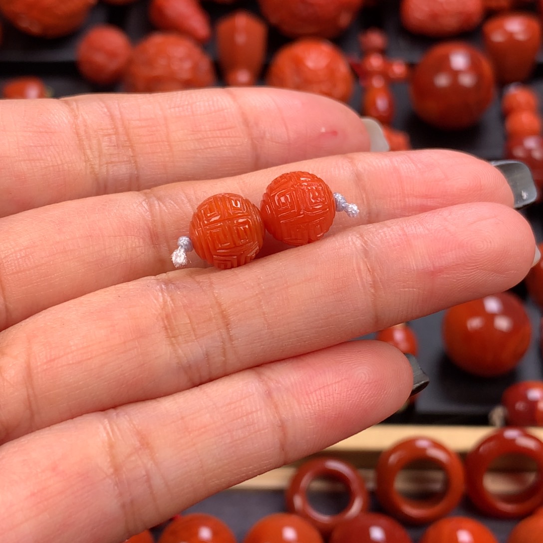 未镶嵌回纹圆珠对珠8.8mm南红玛瑙