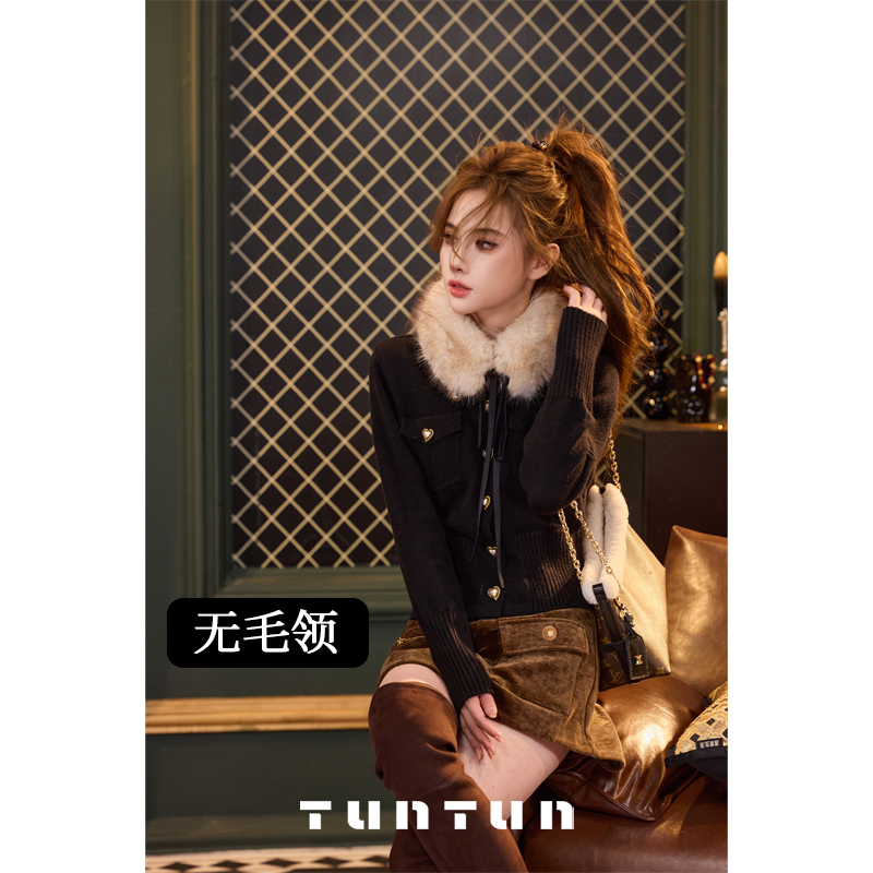 吞吞TUNT【松岛冬日 黑色无毛领】精致装饰扣翻领毛衣