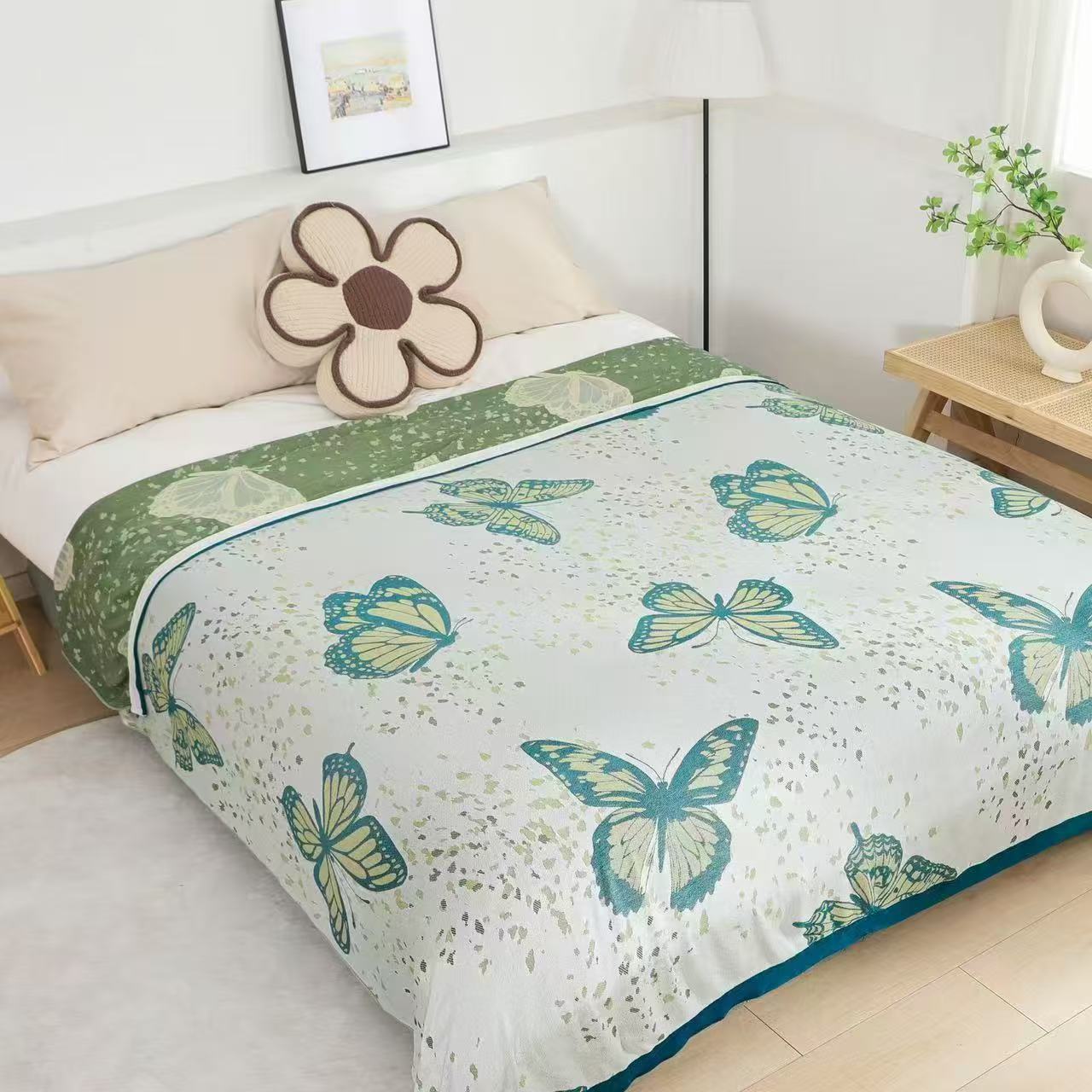 空调盖毯竹纤维冷感毯夏凉INS风植物花卉多功能新纱布夏凉被