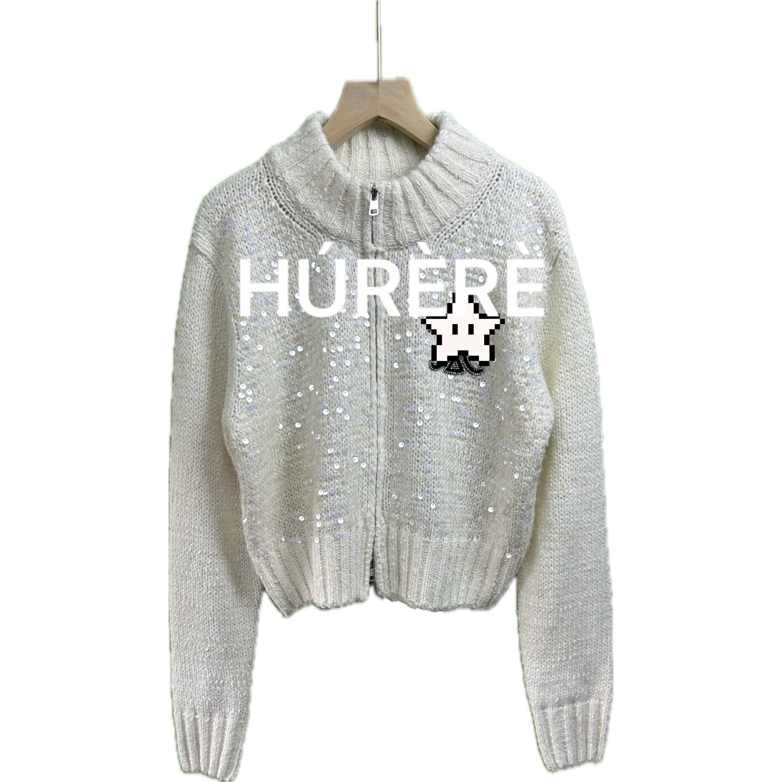 HÚRÈRÈ 【鎏光人鱼系列】小香风珠片立领拉链针织开衫毛衣外套