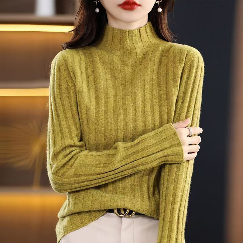 高端秋冬一线成衣100%纯羊毛衫女半高领针织衫坑条毛衣内搭打底衫