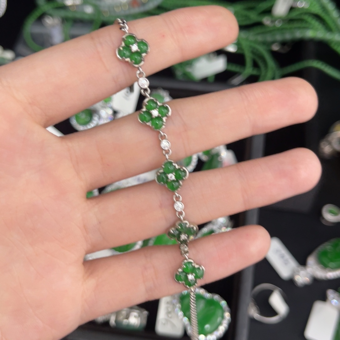 翡翠银S925镶嵌戒指四叶草手链