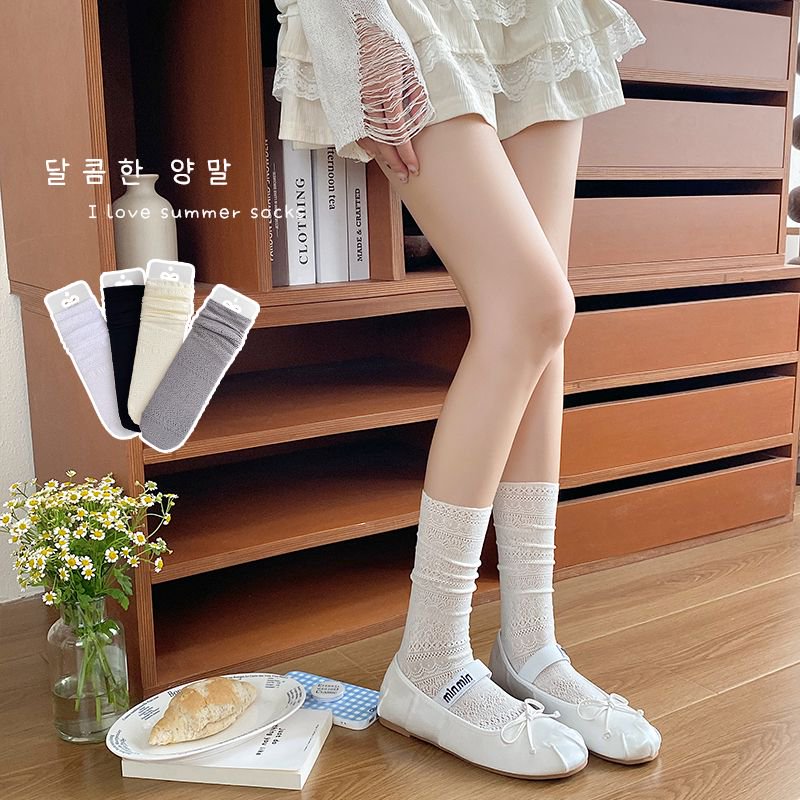 夏季女薄款波浪蕾丝纯色网眼镂空透气堆堆袜复古芭蕾风小腿袜