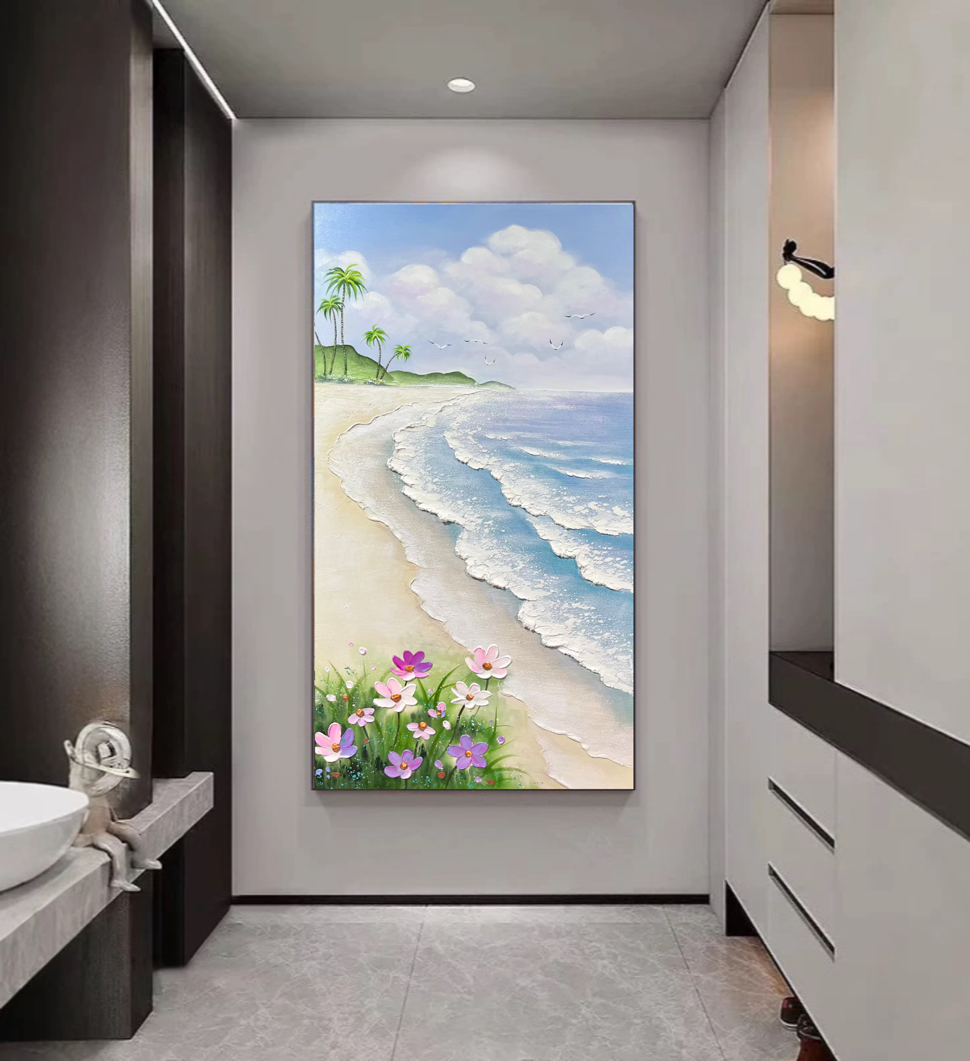 《海上生花》玫瑰海过道挂画法式轻奢入户玄关装饰画肌理手绘油画