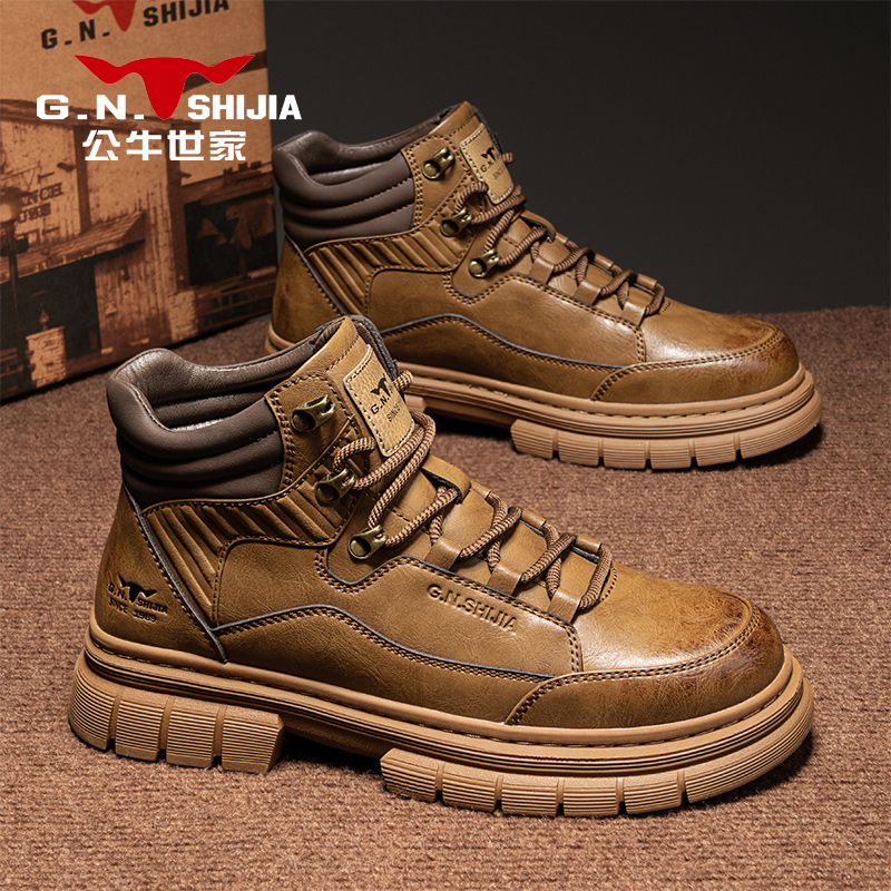 公牛世家高帮马丁靴男款秋季动休闲皮靴男士运百搭英伦风工装靴子