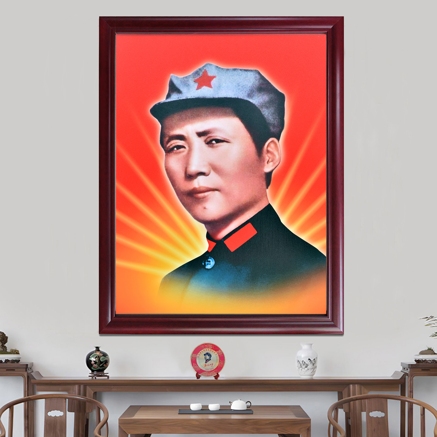 毛爷爷青年像八角帽画像大厅客厅中堂壁挂墙画中老年人喜欢装饰画