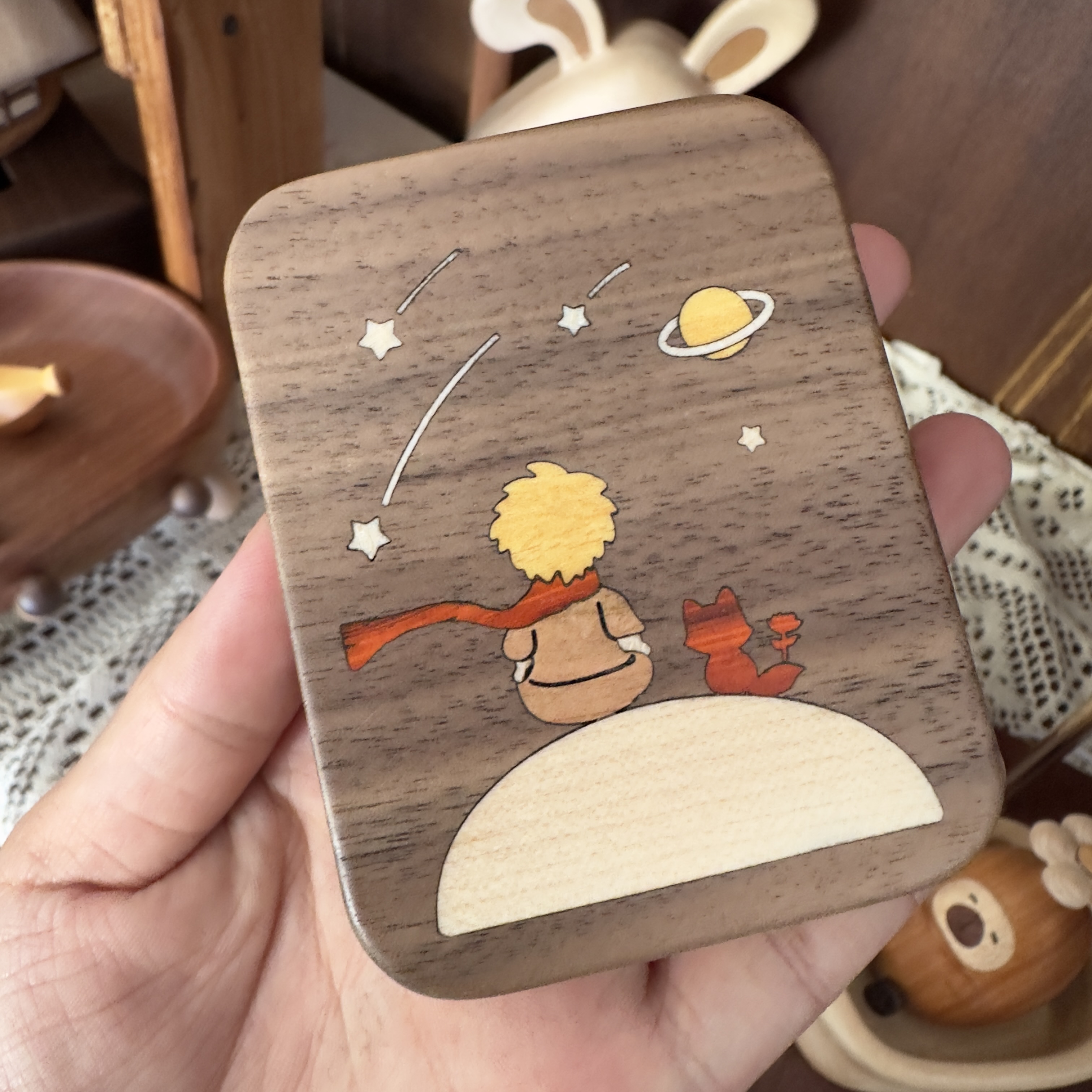 小王子折叠镜 实木镶嵌原木色 手作小摆件