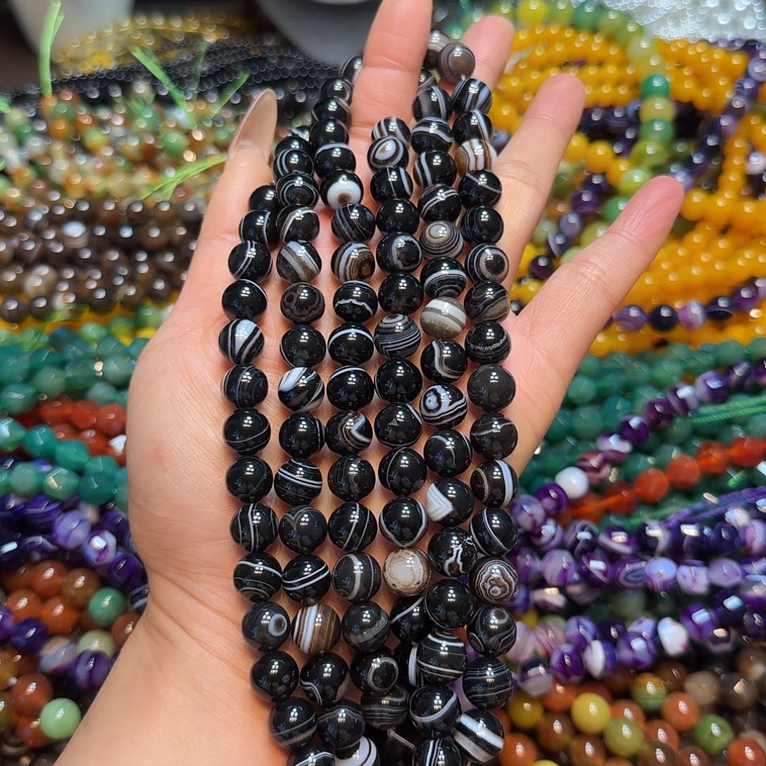 玛瑙/玉髓合金珠宝半成品10mm黑线条板眼一条