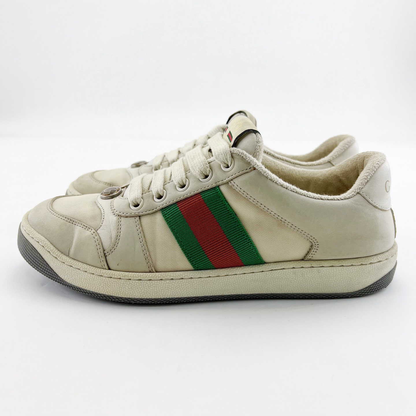 95新 GUCCI/古驰 37.5码/米白色皮革帆布珐琅低帮脏脏鞋/16073447