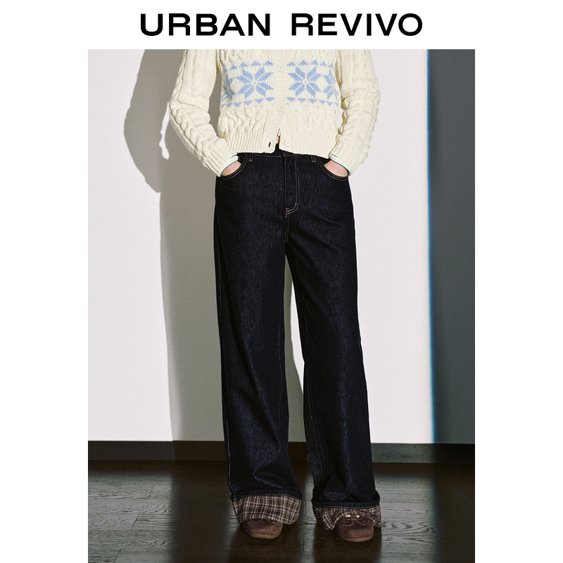 UR2025冬季新款女装休闲卷边格纹阔腿牛仔长裤UYL850235