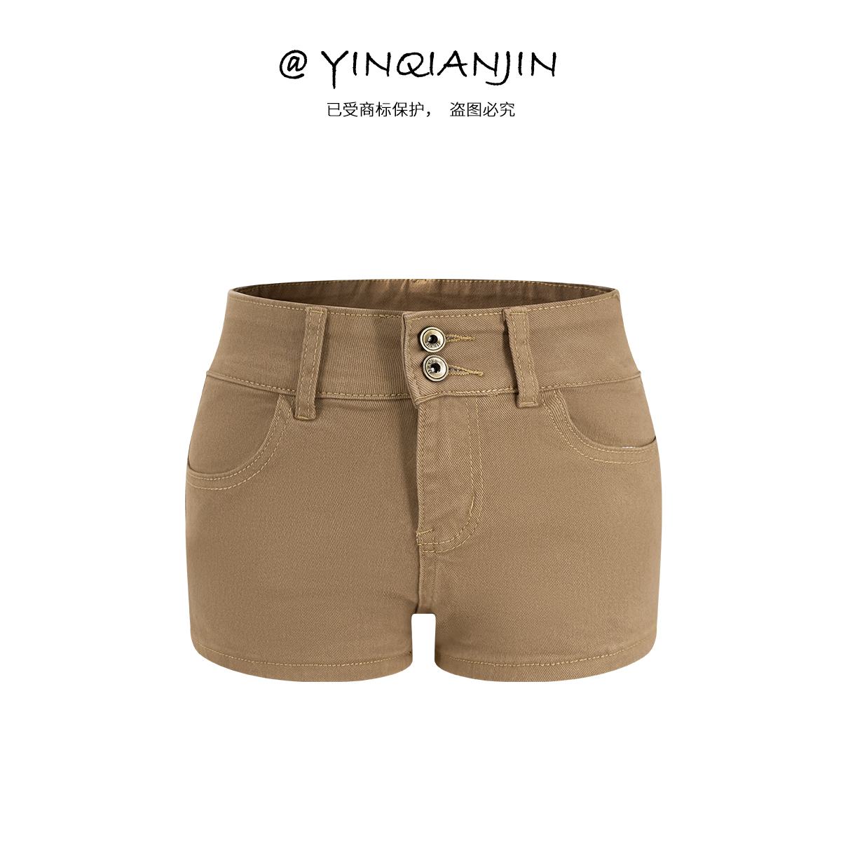 *尹千金*【丰胯腰臀比】贯穿三季高腰包臀卡其色牛仔短裤K256054