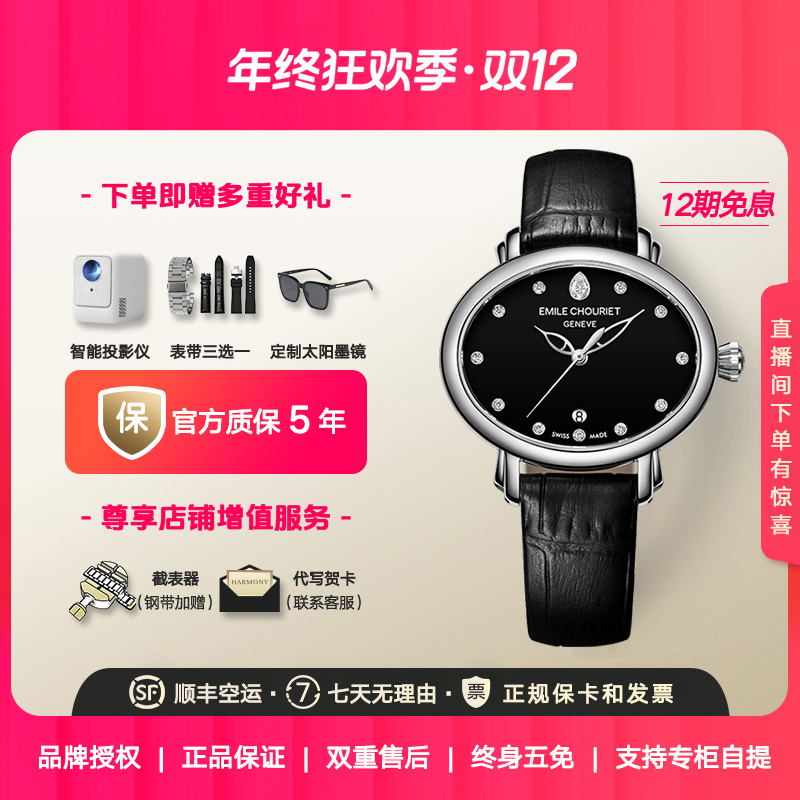 瑞士艾米龙Emile Chouriet新明珠系列 黑色玛瑙石 椭圆机械表女