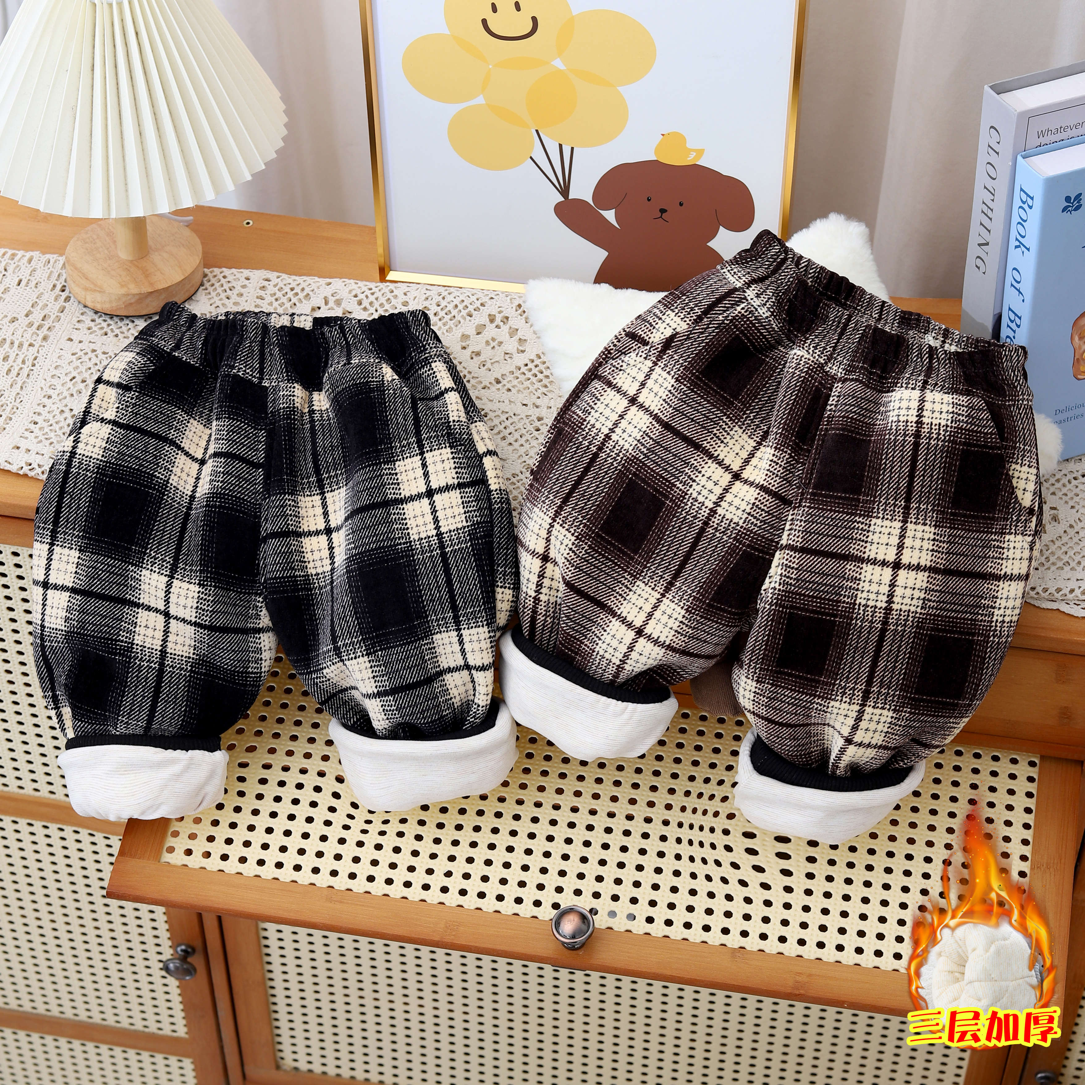 【绵羊毛桑蚕丝四层加厚】儿童蚕丝格子棉裤一条过冬四层夹棉特厚