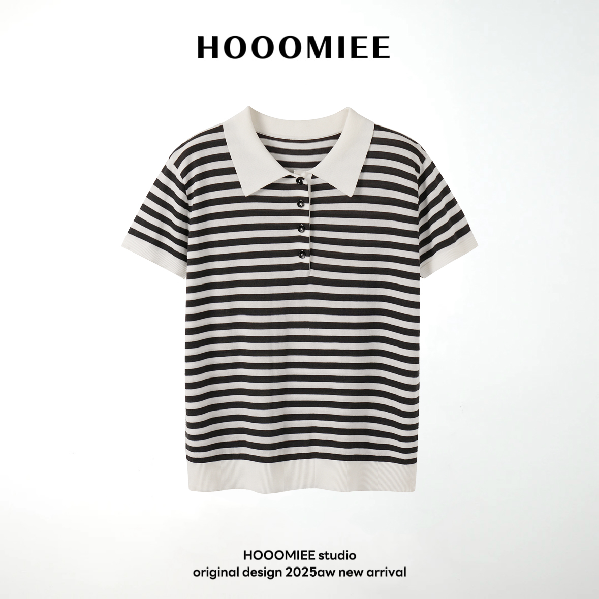 Hooomiee潮流轻简条纹百搭翻领女士短袖J25043