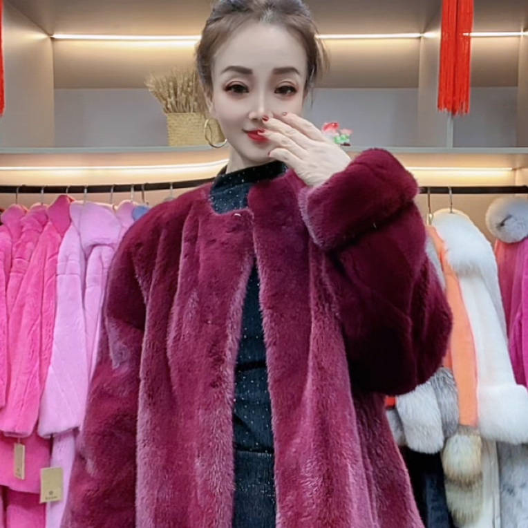 2025新款进口天鹅绒整貂貂皮大衣女紫金短二时尚圆领挽袖水貂外套