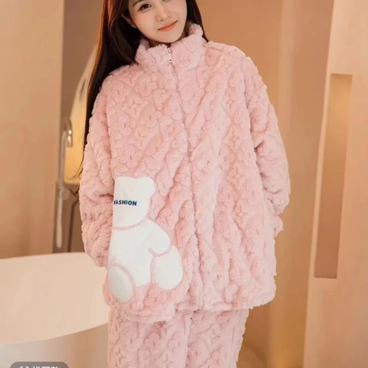 秋冬可爱小熊加厚连帽保暖情侣拉链家居服长袖睡衣套装带帽