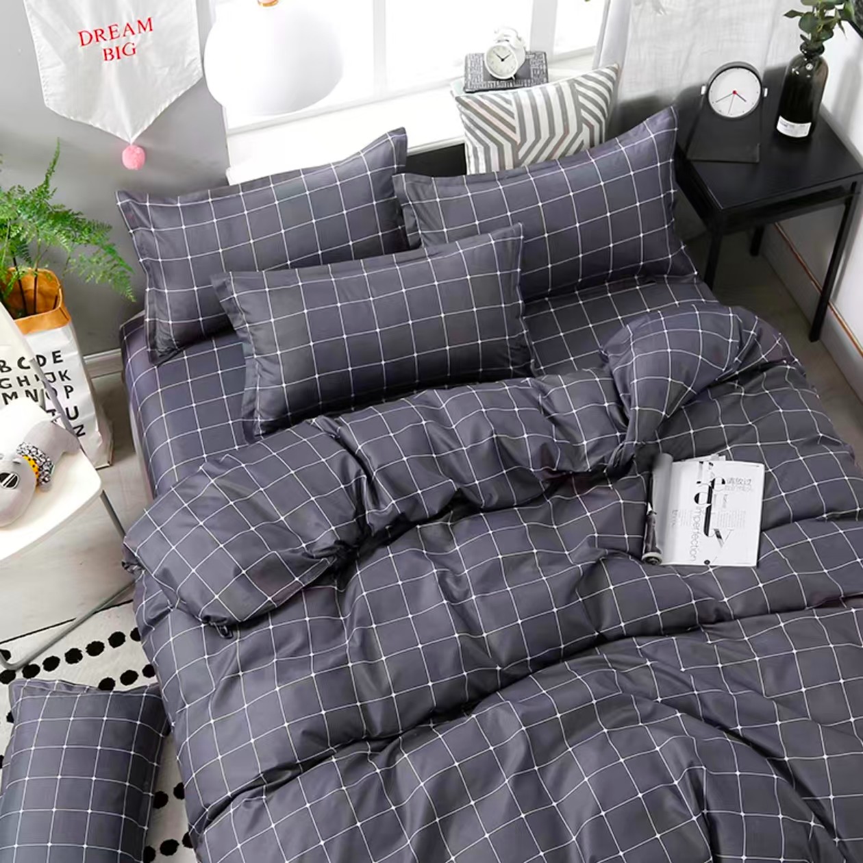 （全棉四件套）冬季学生宿舍被罩单人床品套件春季黄色格子四件套