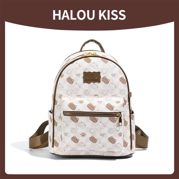 可爱小猫软皮面料印花大容量双肩