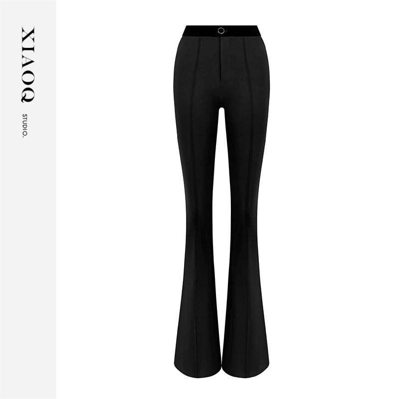 XIAOQ「魔腿神裤」时尚高腰丝绒拼接显腿长腿直休闲微喇裤子女64352