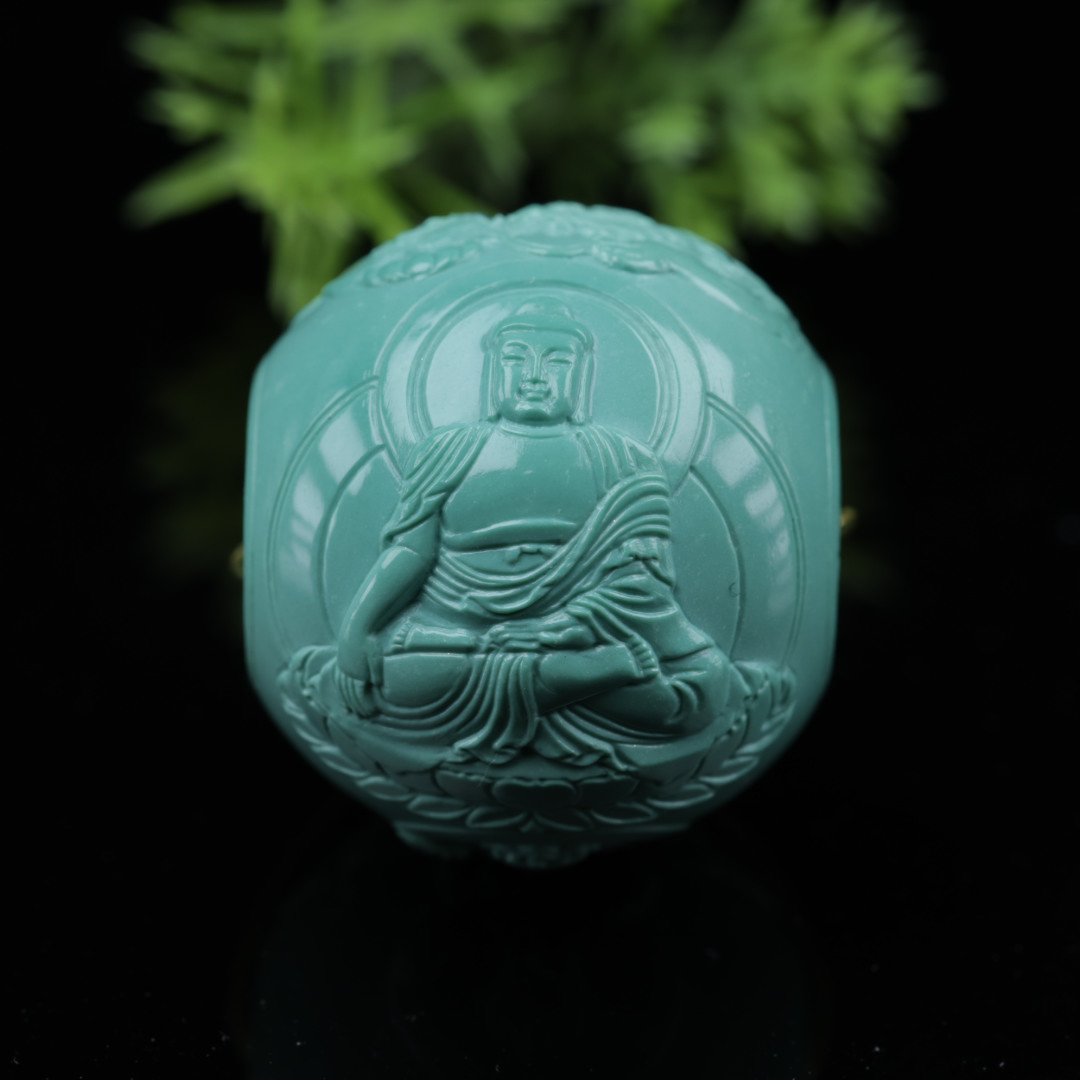 原矿纯天然绿松石精品雕刻珠华严三圣